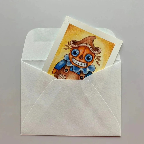 OOAK Vintage Halloween Pumpkin Scarecrow ACEO ATC Original Art Card - Picture 4 of 5